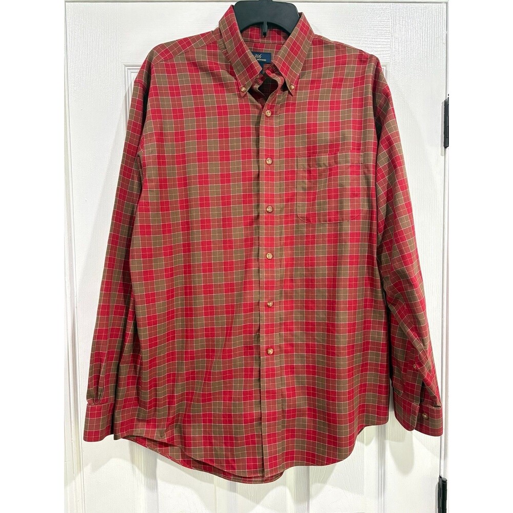 Brooks Brothers 346 Non Iron Shirt Mens M Red Brown Plaid Button Down Cotton